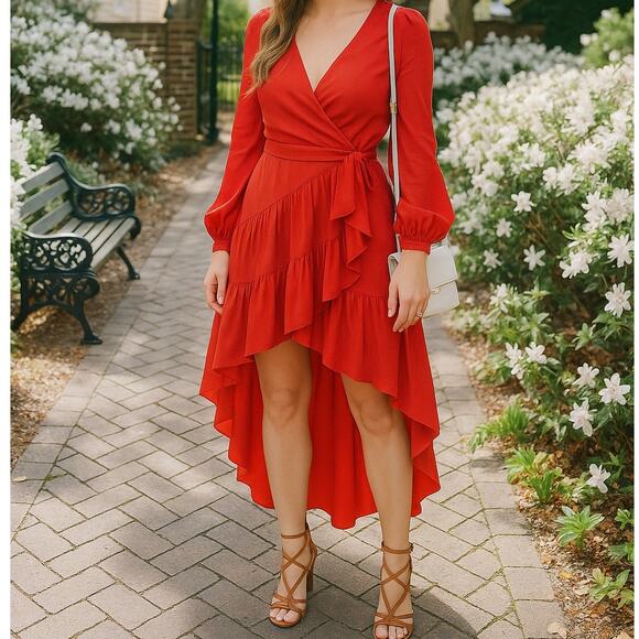 Caroline Constas Dresses & Skirts - Caroline Constas Red Lena Wrap Ruffle High-Low Dress Size XS – $695 Retail